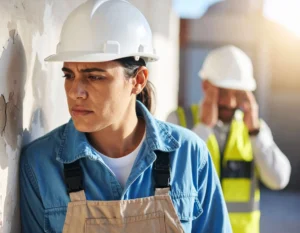 Employee adjusting safety gear while preparing for mould hazard inspection.