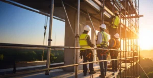 Crew assembling scaffolding structure while maintaining fall protection.