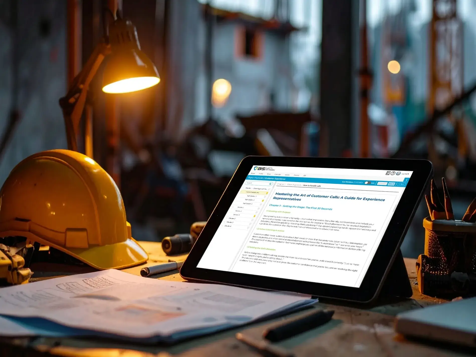 Worker in factory setting holding a tablet to check digital playbooks, highlighting streamlined access to workplace policies and safety guidance.