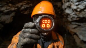 Handheld gas meter displaying CO/CO2 values used as a training example for interpreting readings.