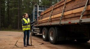 Freight with stretch wrap and web straps; worker applying correct tension for load stability.