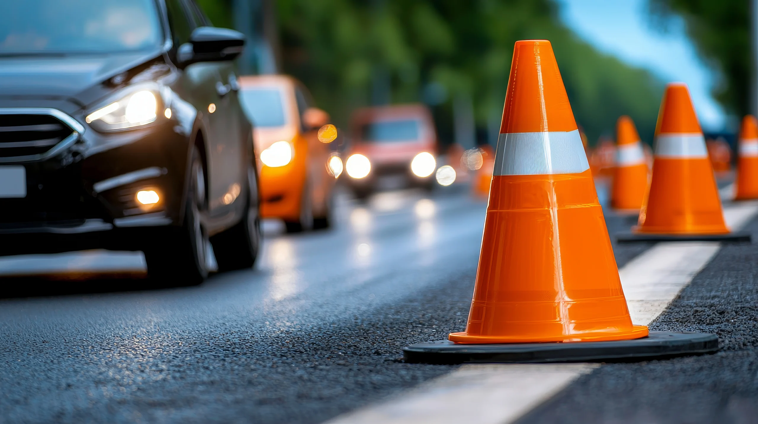 Line of traffic cones and a flagger symbol sign marking an active maintenance lane with arrow board ahead.