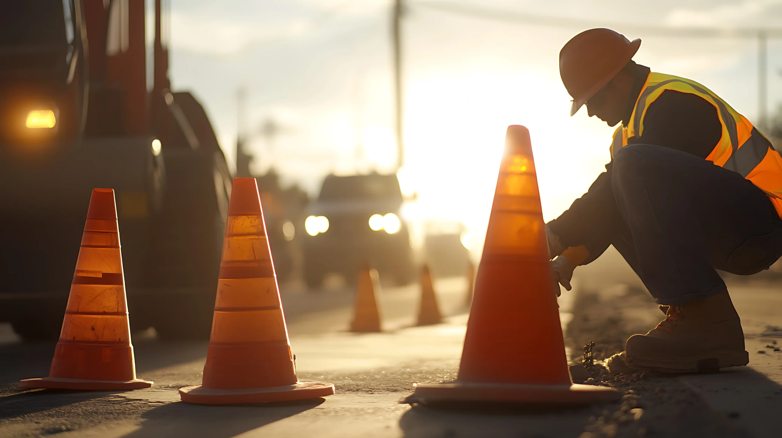 Multiple high-visibility cones creating a tapered lane shift through a temporary traffic control setup.