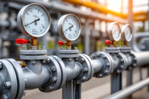 Pressure gauges on process piping illustrating routine checks that support gas detection training and monitoring.