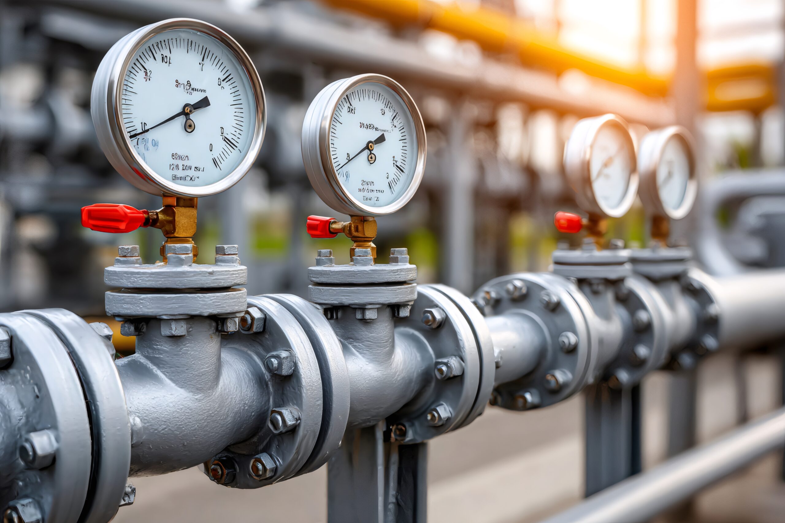 Pressure gauges on process piping illustrating routine checks that support gas detection training and monitoring.
