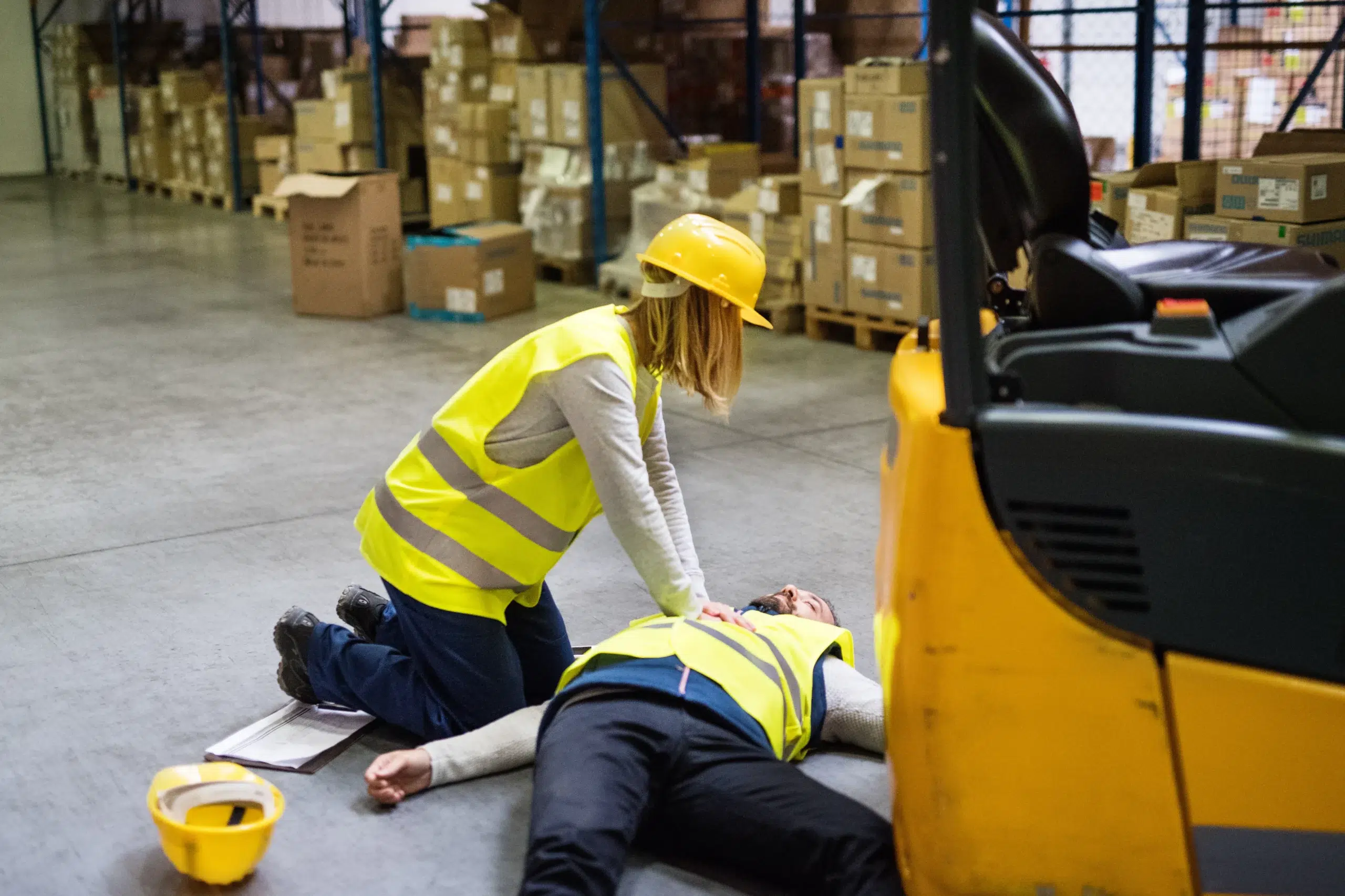 Worker contacting emergency help as another employee administers first aid to an unconscious colleague in a workplace