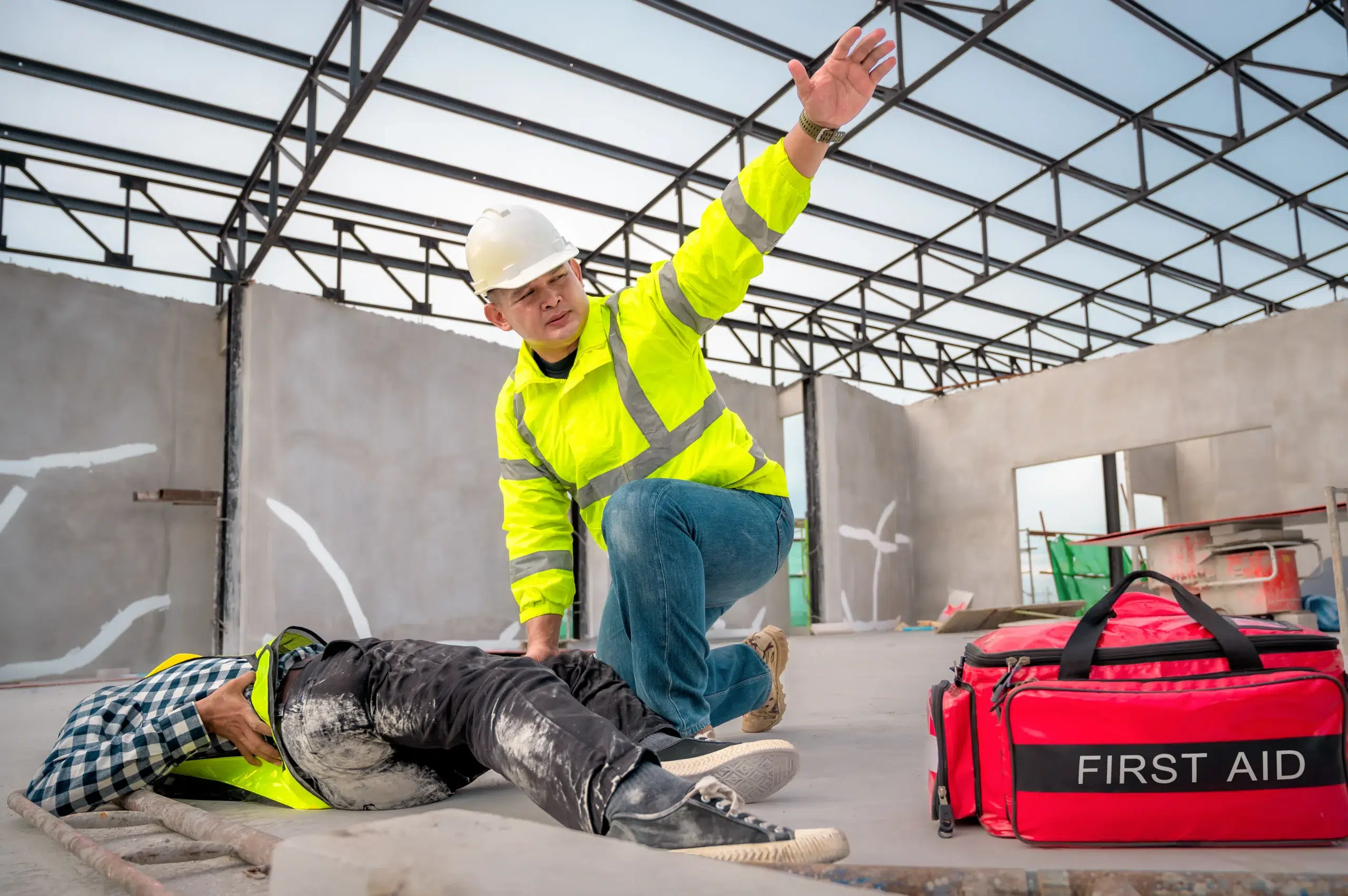 Employee giving first aid to a colleague with a leg injury, using a first aid kit for immediate care.