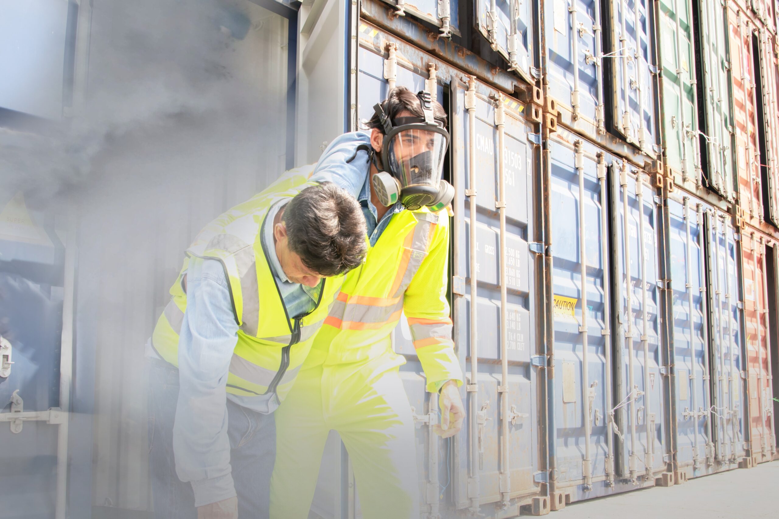 Worker wearing a safety mask and hard hat to protect against hazardous workplace gases.