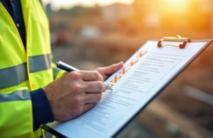 Employee completing an EHS checklist on a clipboard at a worksite.