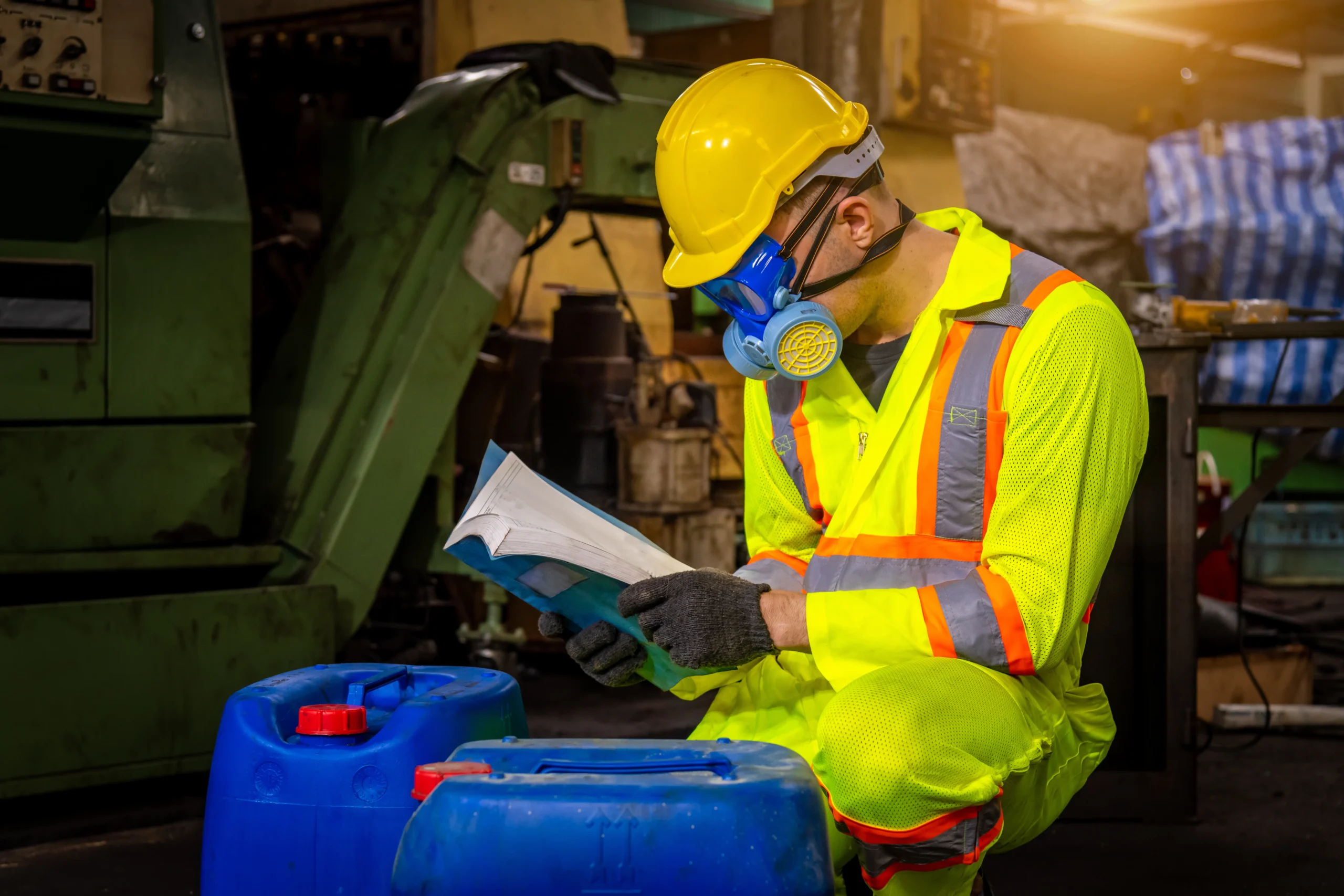 Worker reading Safety Data Sheet next to chemical containers, demonstrating WHMIS procedures.