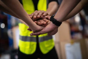 Workers placing hands together to represent teamwork and safety collaboration.