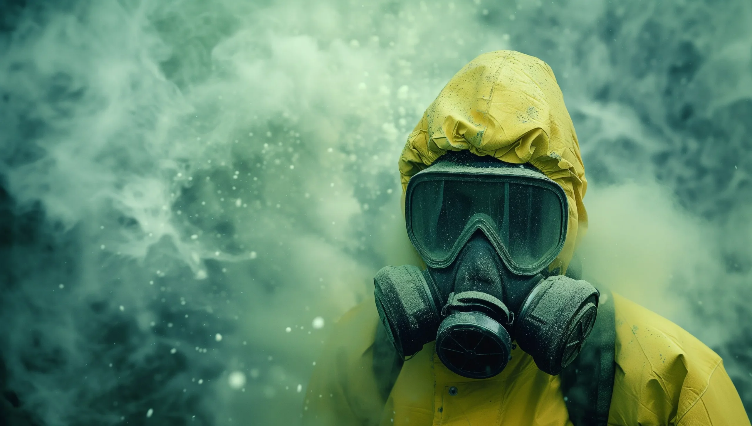 Worker in hazmat suit and full-face respirator in chemical vapor environment for airborne safety​