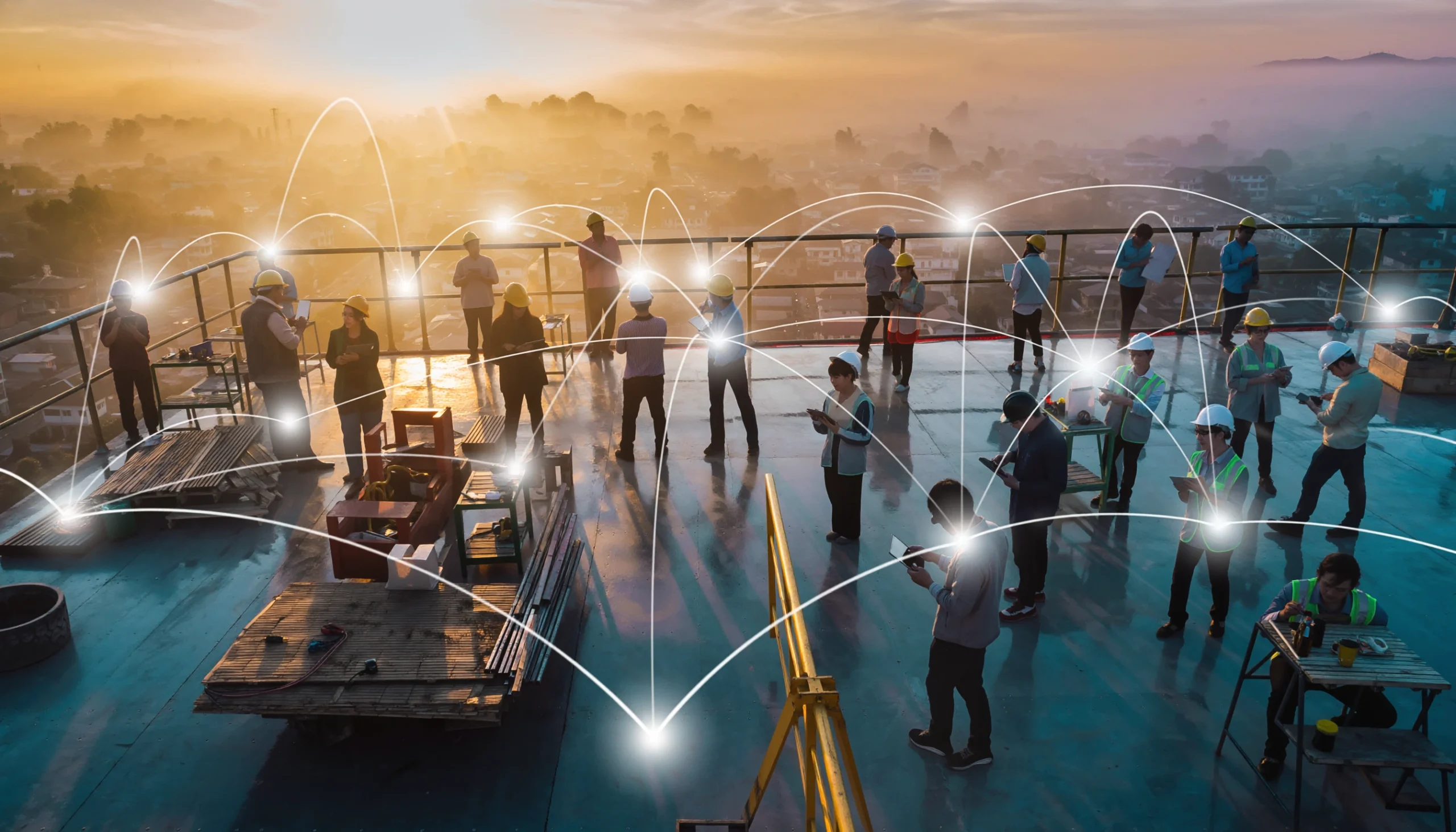 Roof‑top crew connected by glowing network arcs, symbolizing real‑time data sharing.