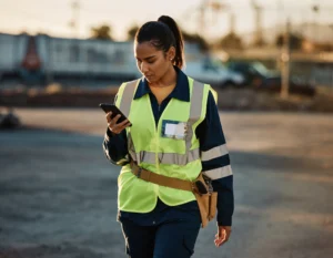 Field worker in high‑vis checks a mobile app for training, tasks, and safety updates.