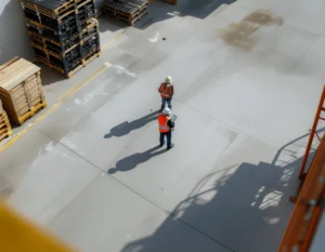 Two warehouse workers confer on a clean yard floor, casting long safety‑vest shadows.