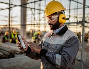 Technician in hard hat inspects industrial machinery while logging notes on a tablet.