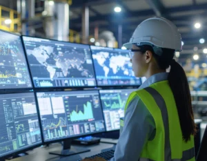 Safety professional analyzing compliance and training progress on multiple dashboards