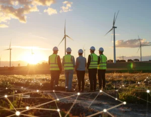 Team in safety vests at wind farm using BIS Safety Software to oversee workplace safety