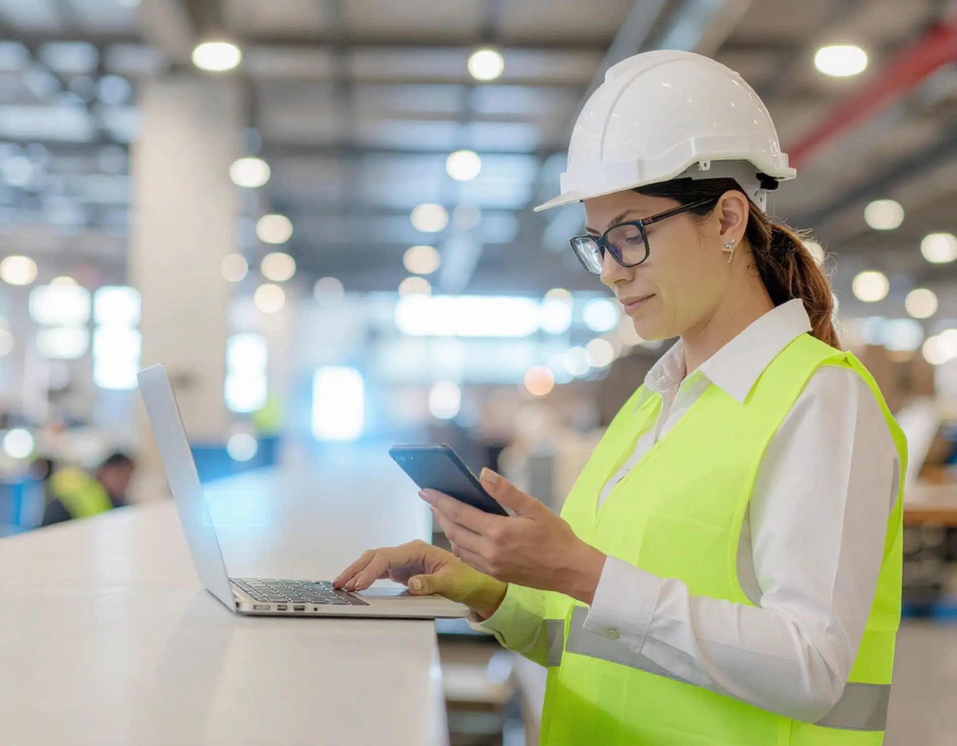 Safety manager in PPE using a laptop and phone to manage workplace safety notifications.
