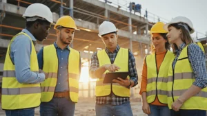 Crew in high-visibility vests reviewing asset lists together on a tablet at a job site.