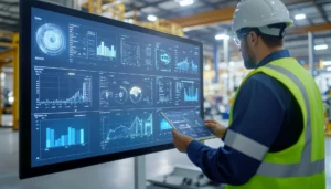 Worker in safety vest using a tablet to view digital equipment assets.