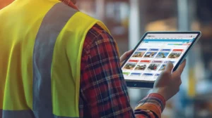 Engineer in PPE reviewing asset performance dashboards on a large screen and tablet.