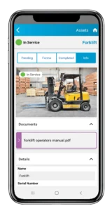 Mobile screen showing a forklift asset profile with status and documents.