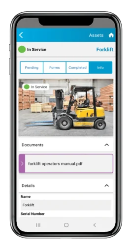 Mobile screen showing a forklift asset profile with status and documents.