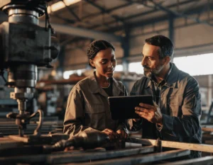 Manufacturing supervisor and employee reviewing digital competency assessments on a tablet.