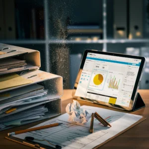 Tablet showing competency dashboards on a desk highlighting the shift from manual tracking to digital records.