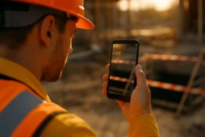 Field worker recording a hazard and uploading photos to mobile construction safety management software on a smartphone.