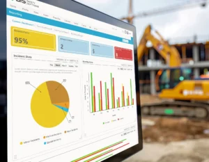Construction safety software dashboard on a tablet showing incident statistics, inspection status, and compliance metrics.