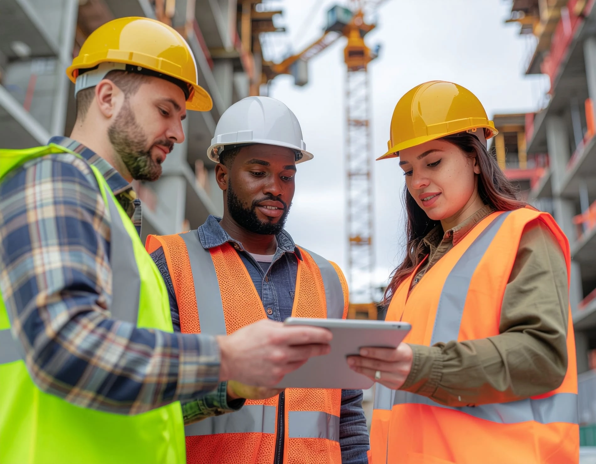 Construction worker adjusting protective eyewear in an equipment room before starting a job-site safety task.