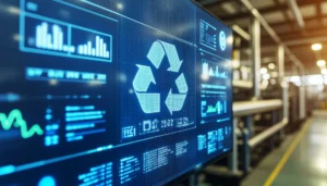Large screen showing environmental performance dashboards and recycling metrics.