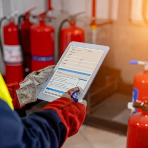 Worker completing a digital fire extinguisher inspection on a tablet.
