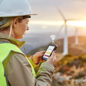 Field worker in PPE using a safety app on a smartphone near wind turbines.