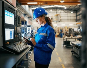 Plant worker using a tablet beside production equipment to manage EHS tasks.