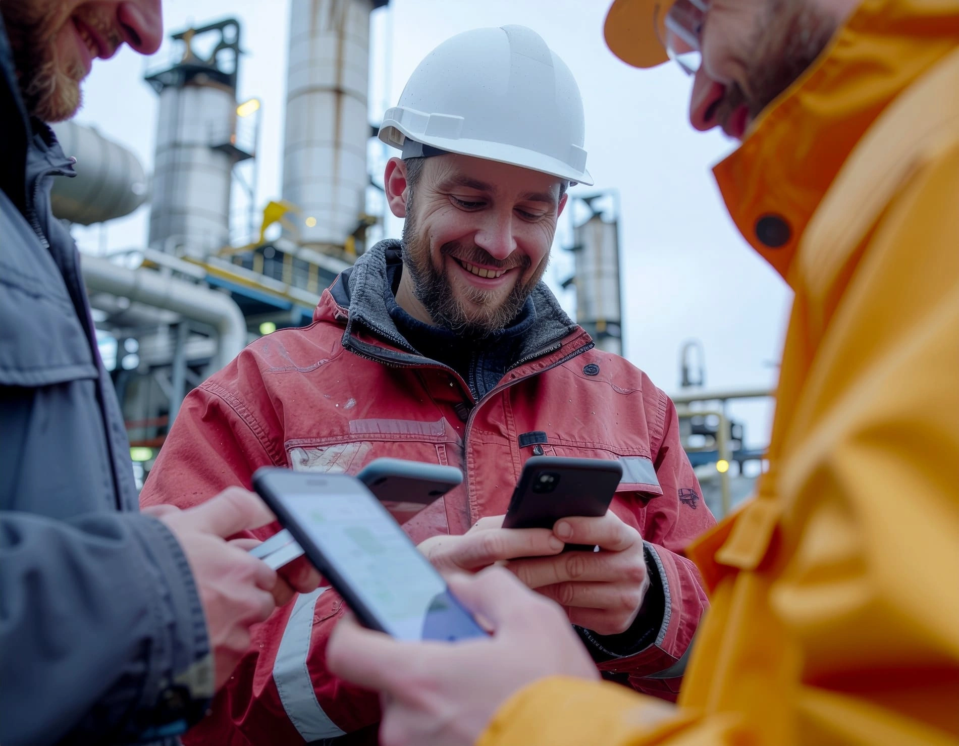 Construction worker on muddy site logging a hazard on a tablet.