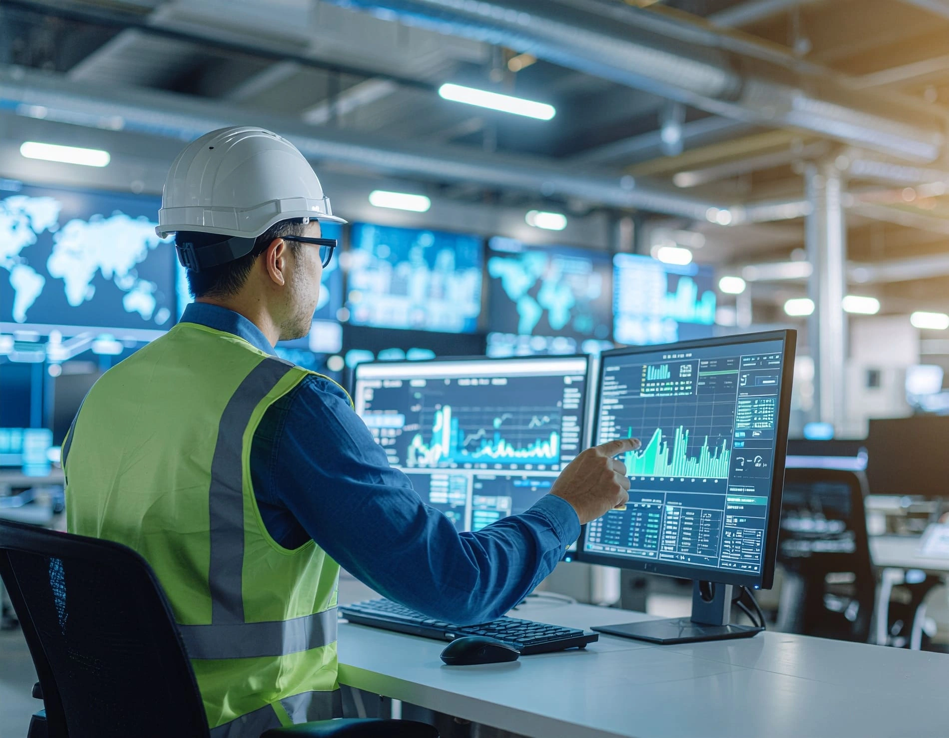 Control room operator reviewing hazard and risk analytics on dual monitors.