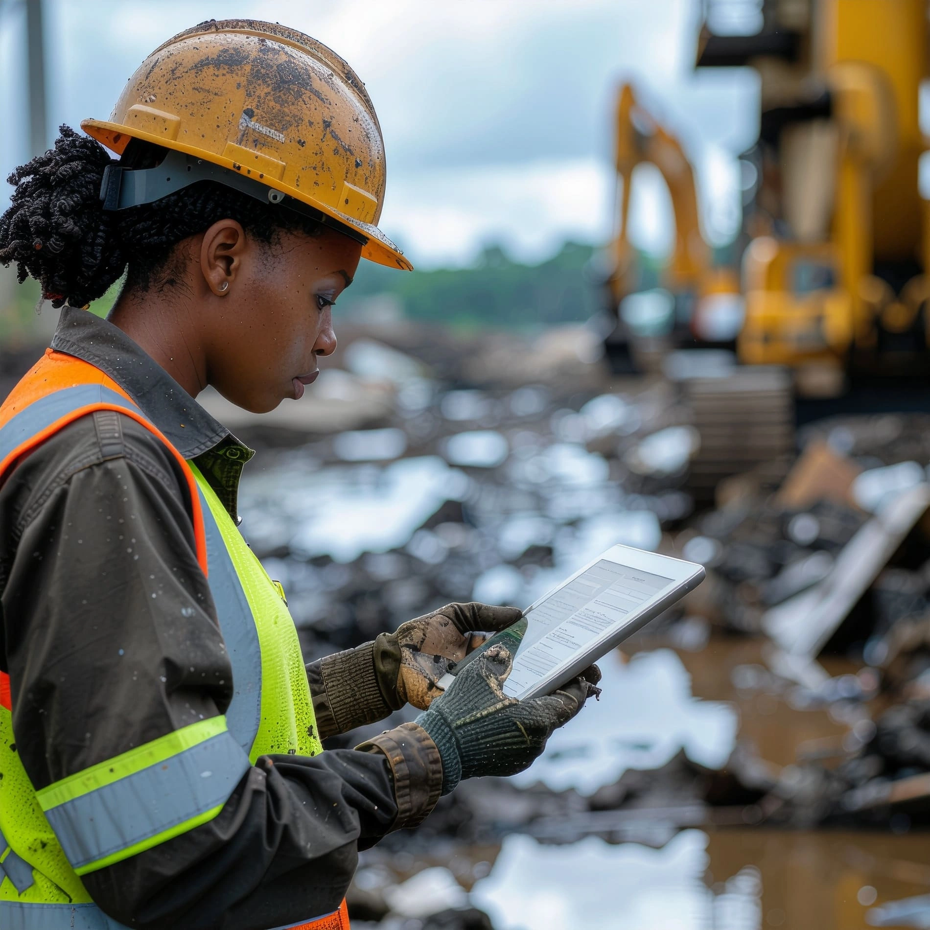 Worker in high-visibility gear capturing a fire and damage scene on a tablet for hazard reporting.