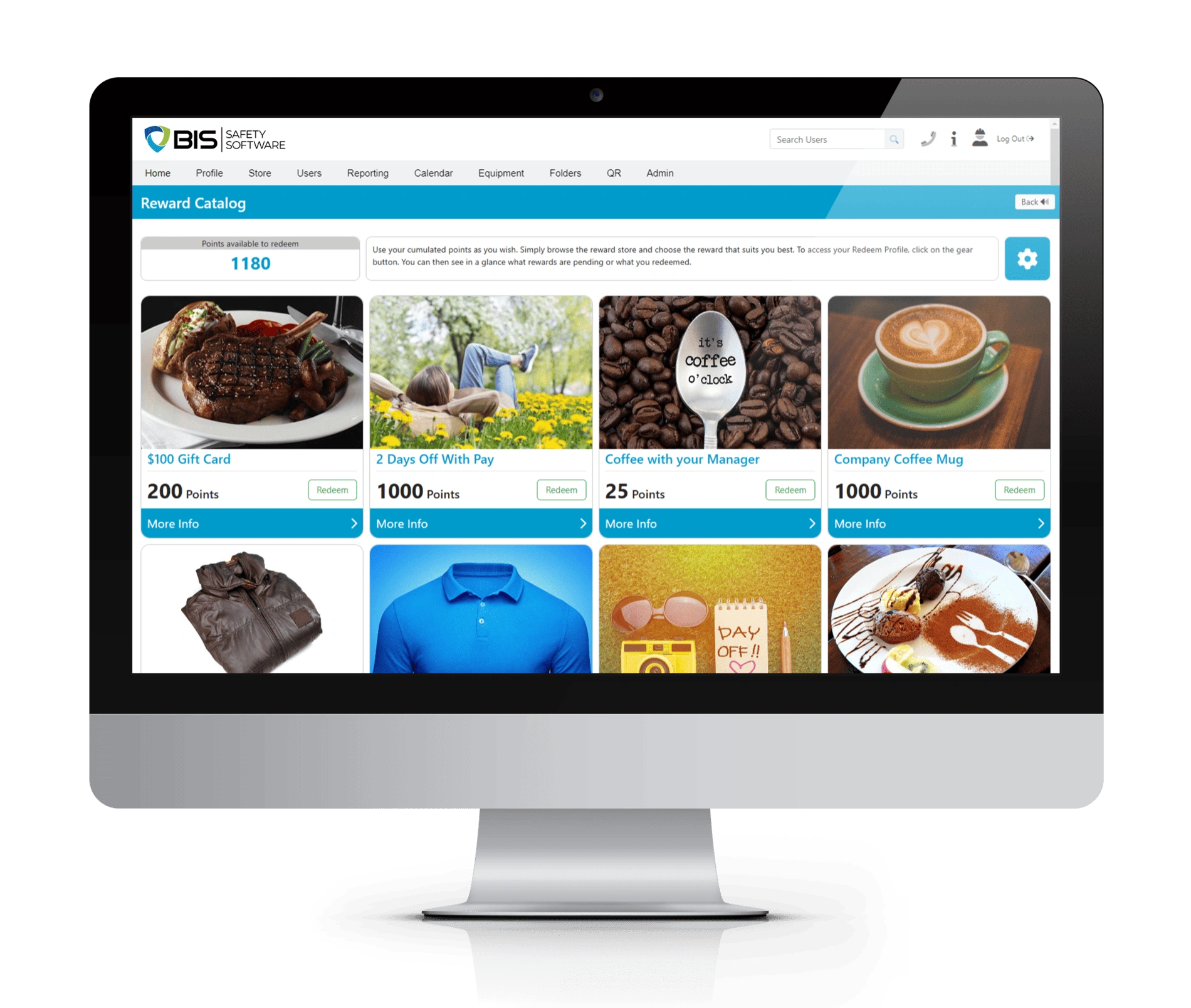Desktop screen showing an employee reward catalog with points-based prizes.
