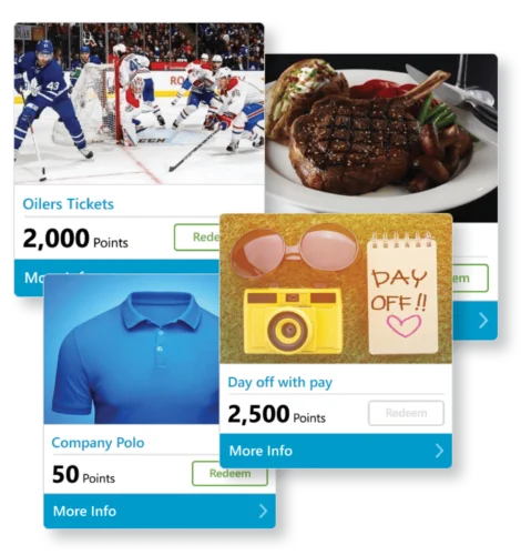 Collage of digital reward cards offering tickets, meals, company apparel, and paid time off.