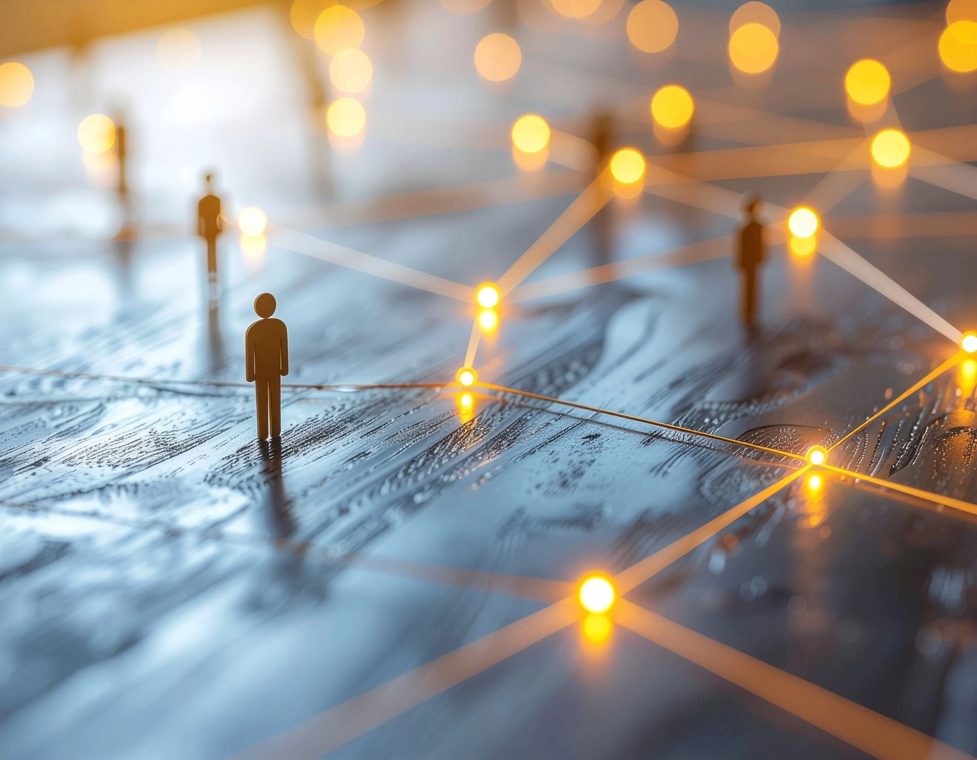 Abstract network of connected figures and glowing nodes representing an engaged workforce.