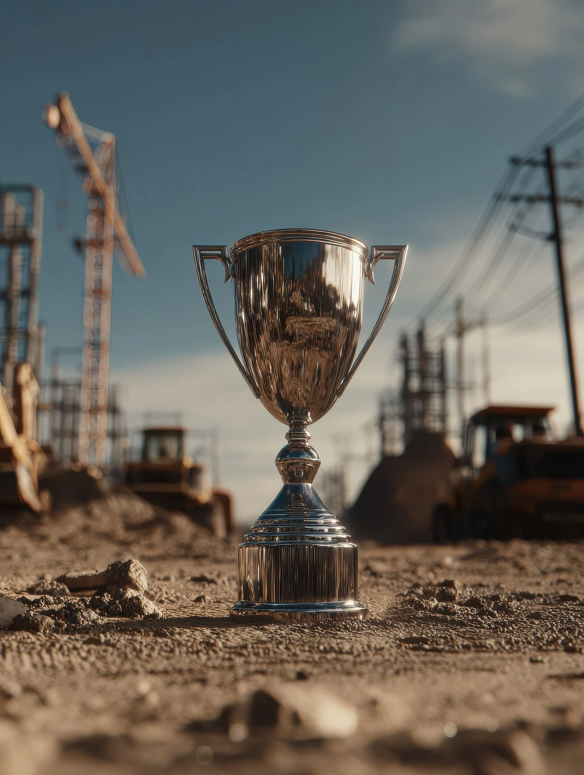 Silver trophy placed on a construction site symbolizing recognition for safety achievements.
