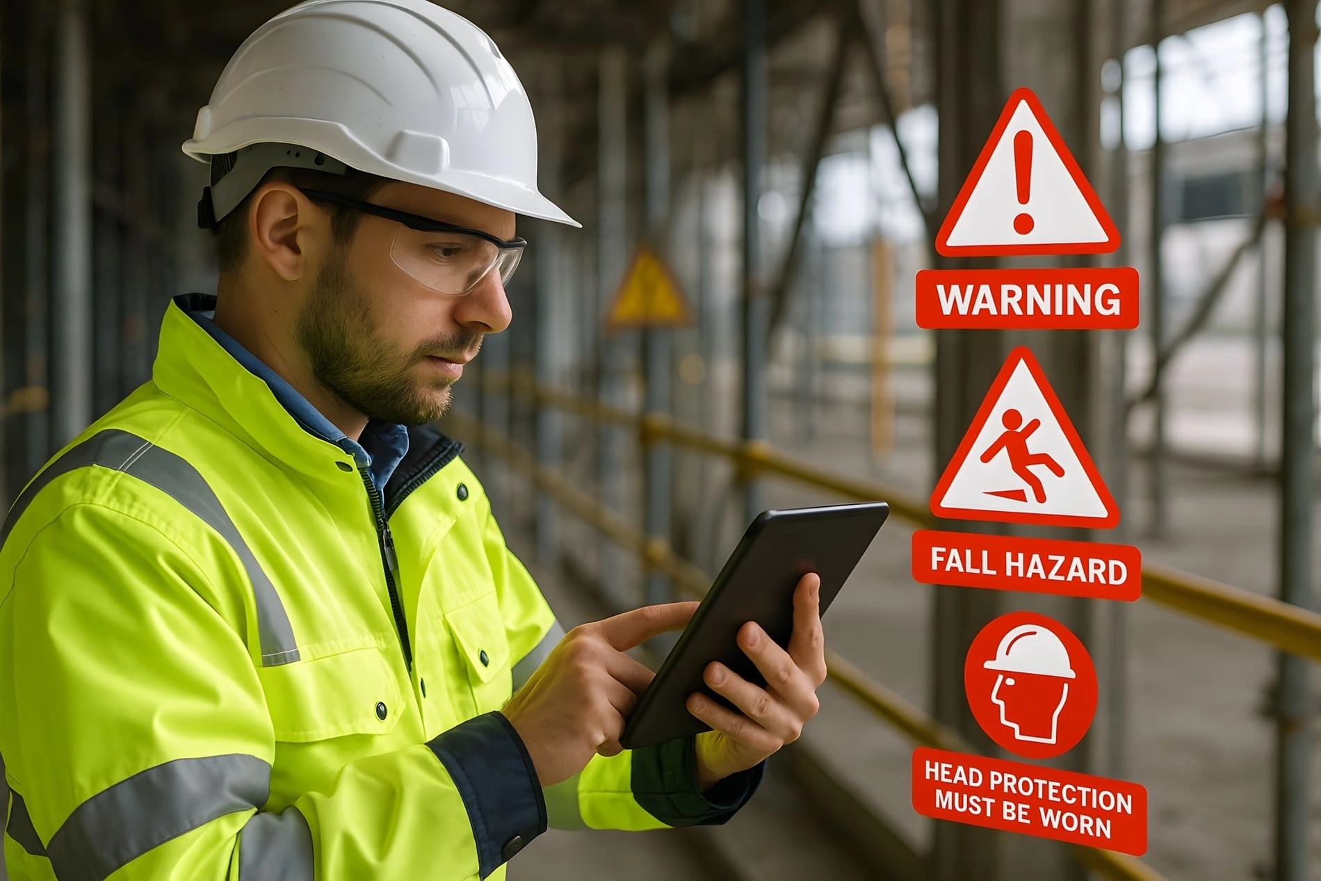 Safety officer reviewing risks on a tablet beside warning icons for site hazards.