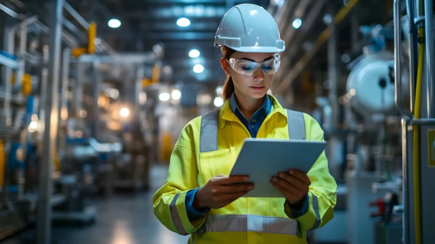 Industrial worker in high-visibility PPE using a tablet to review site risk controls.