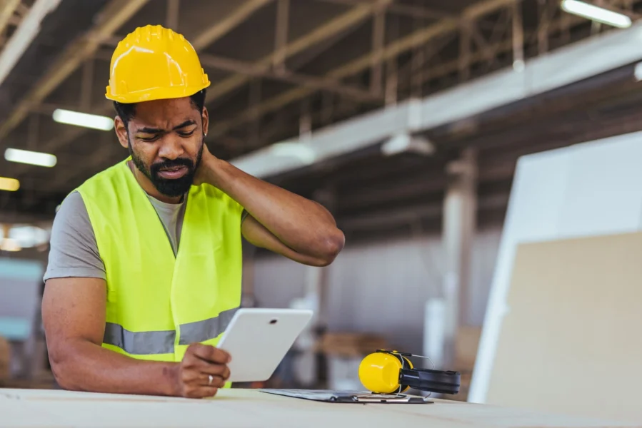 Construction worker holding their neck while logging a safety concern on a tablet.