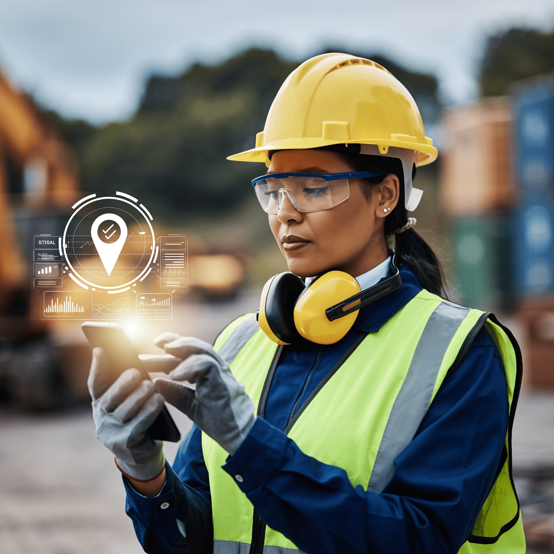 Field worker in PPE using a smartphone with a location icon overlay for risk reporting.