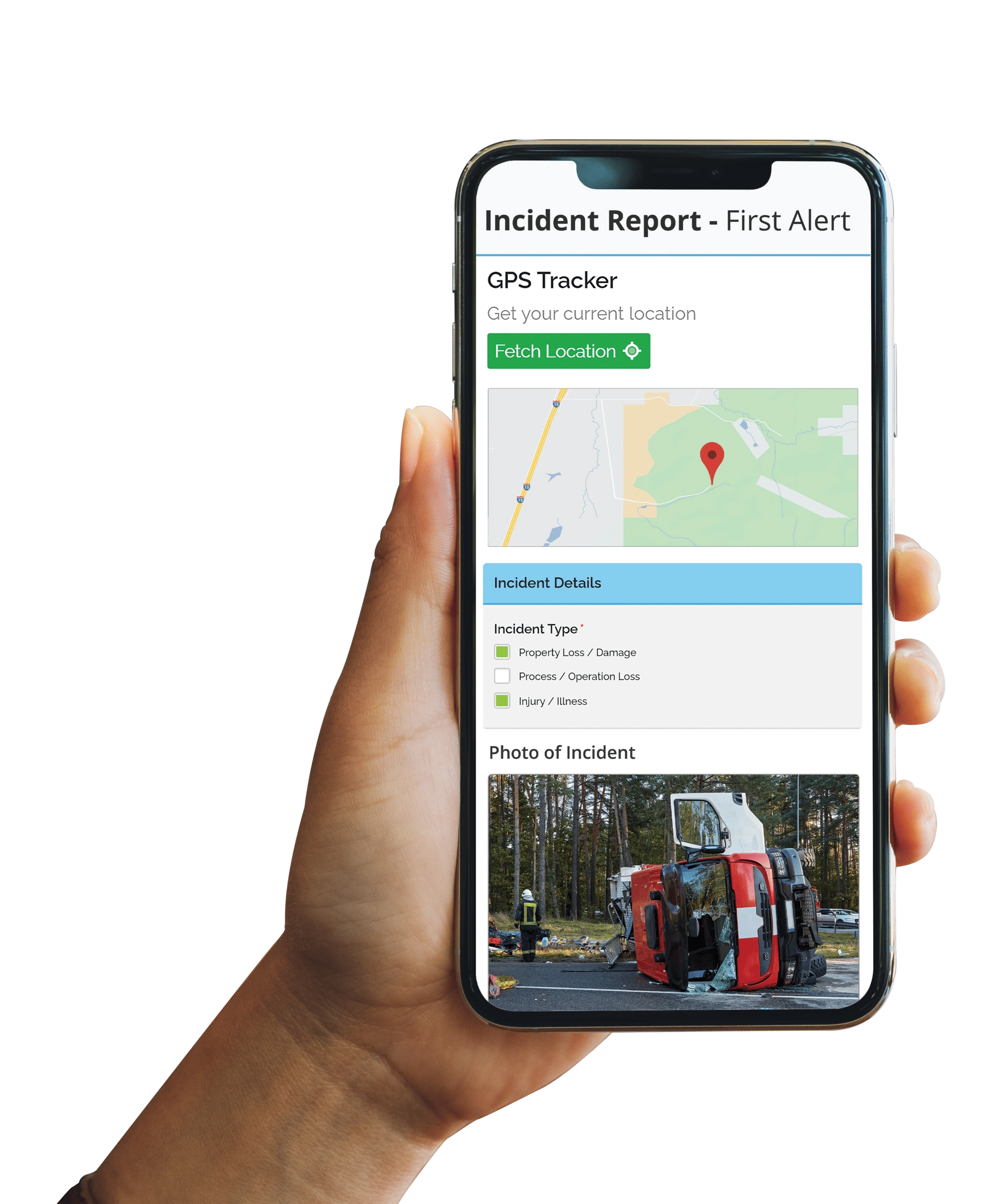 Smartphone screen displaying a mobile incident report with GPS map and accident photo.