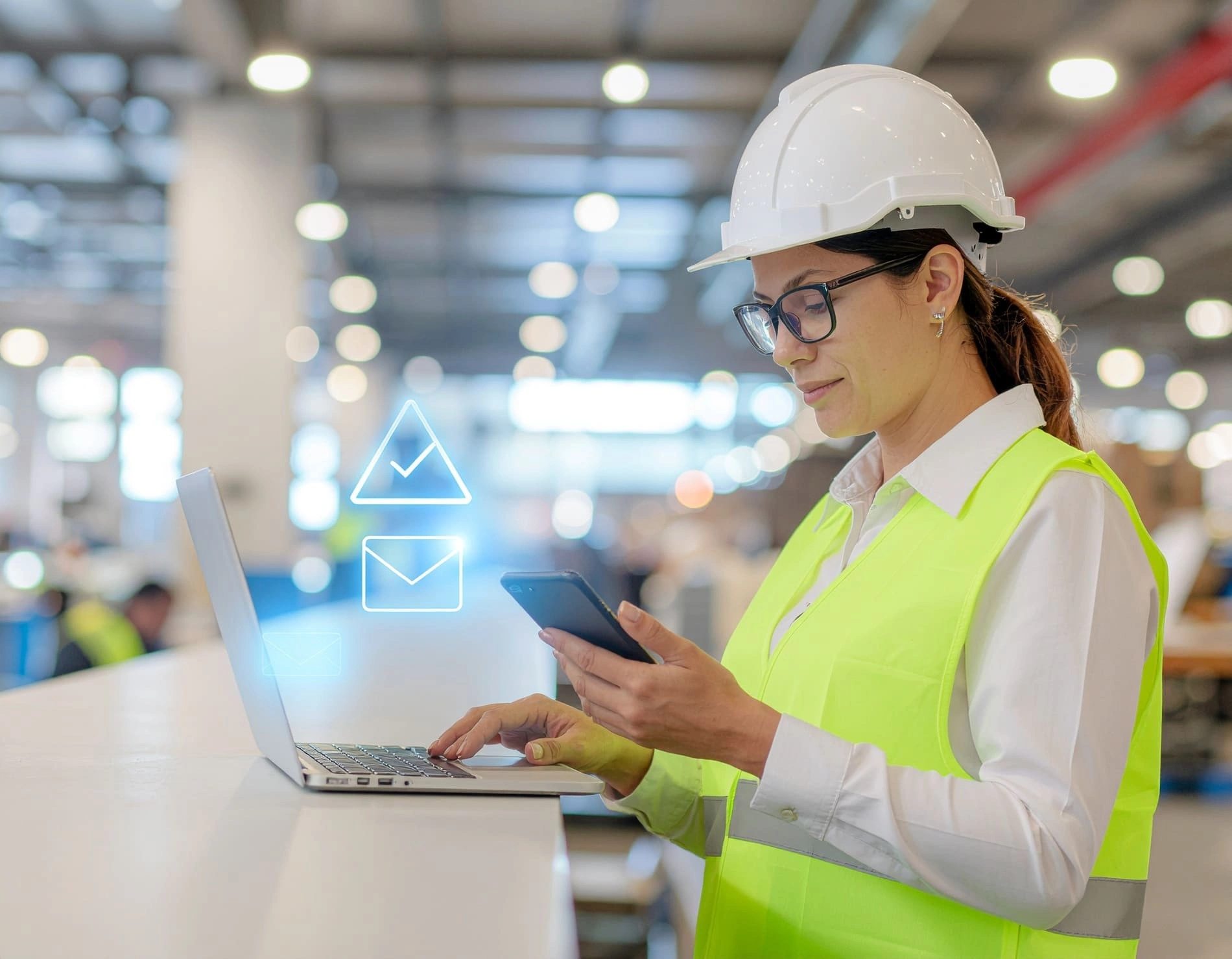 Safety manager in PPE using a laptop and phone to manage workplace safety notifications.